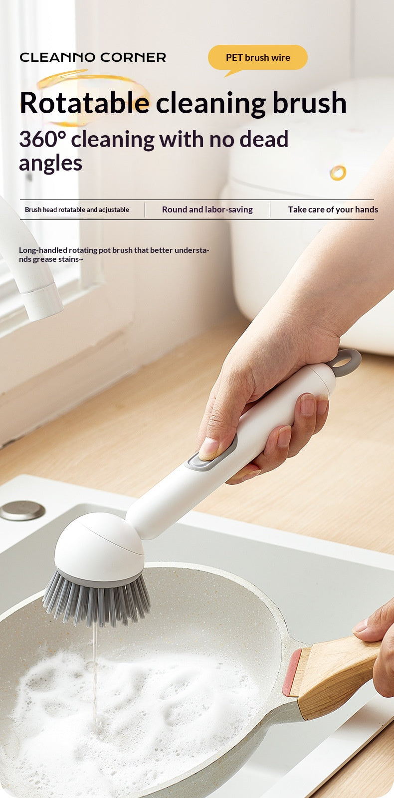 All-in-One Pot Brush:Long Handle, Non-Absorbent & Scratch-Safe for Pans and Dishes-OA