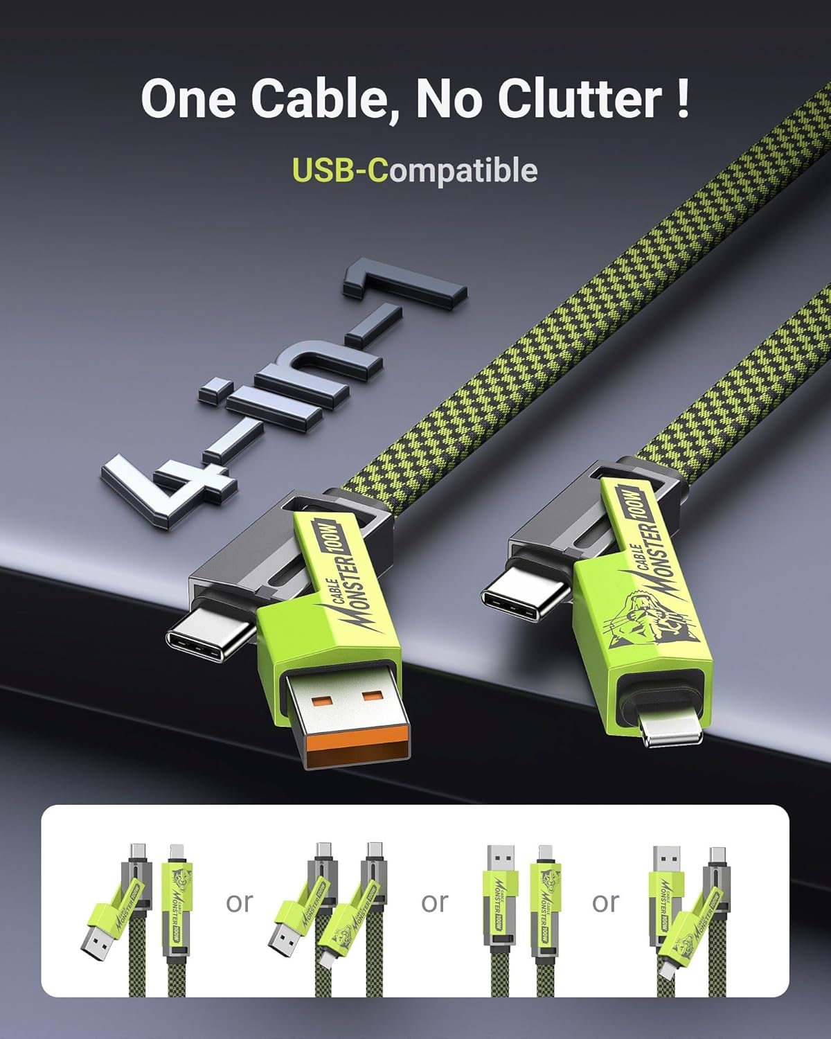 4 in 1 Fast charging cable PD65W 1.5M Length (usB-A, Type C, Lightning)