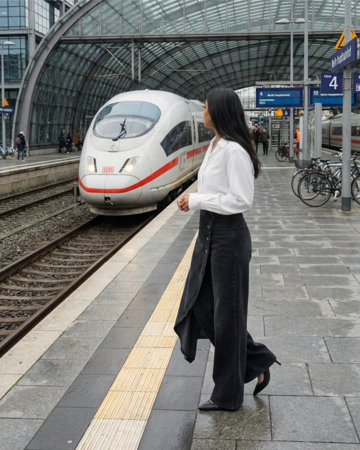 High Waist Black Denim Wide Leg Trousers, Asymmetrical Wrap Skirt Design Button Down Jeans, Y2K Fashion