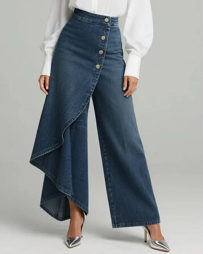 High Waist Black Denim Wide Leg Trousers, Asymmetrical Wrap Skirt Design Button Down Jeans, Y2K Fashion