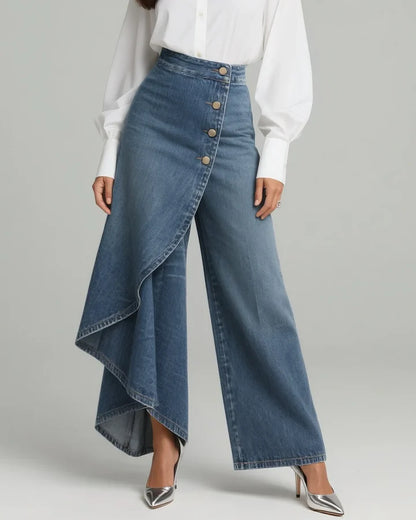 High Waist Black Denim Wide Leg Trousers, Asymmetrical Wrap Skirt Design Button Down Jeans, Y2K Fashion