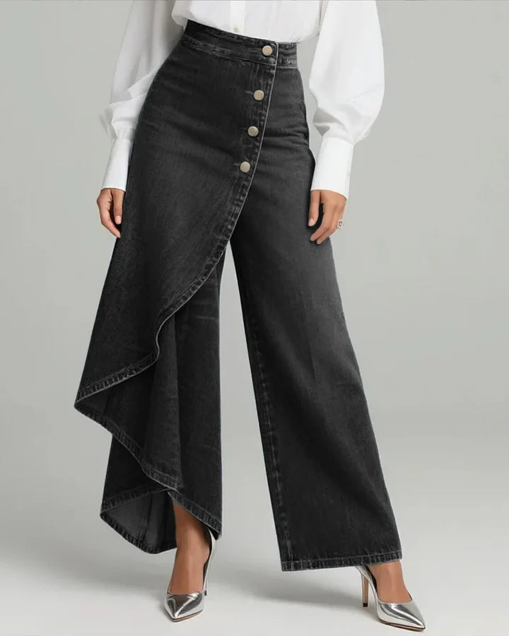 High Waist Black Denim Wide Leg Trousers, Asymmetrical Wrap Skirt Design Button Down Jeans, Y2K Fashion