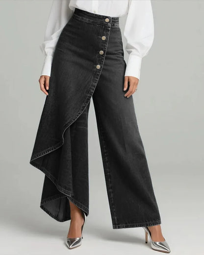 High Waist Black Denim Wide Leg Trousers, Asymmetrical Wrap Skirt Design Button Down Jeans, Y2K Fashion